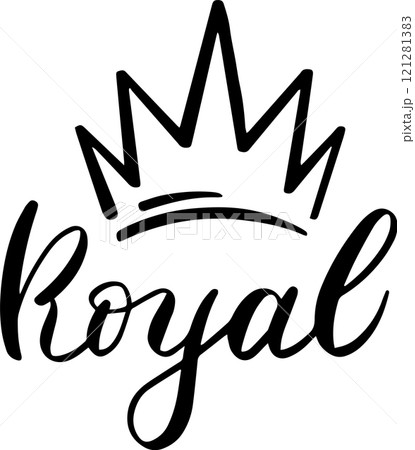 Featuring simple and elegant line art of a royal crown positioned above the handwritten word royal, symbolizing monarchy, nobility, and the essence of power Featuring simple and elegant line art of a royal crown positioned above the handwritten word royal, symbolizing monarchy, nobility, and the essence of power 121281383