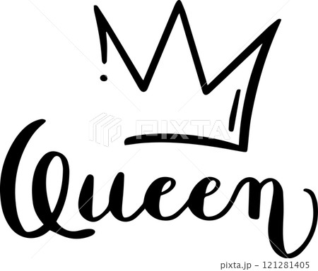 Stylish black and white lettering showcasing the word Queen adorned with a simple crown, representing confidence, royalty, and the essence of female empowerment and strength 121281405