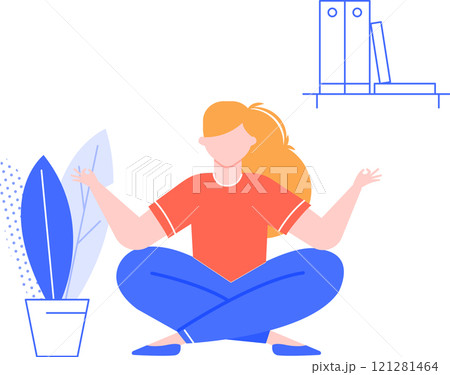 Young woman practicing yoga and meditating in lotus position for mindfulness at her workplace with binders on shelf and potted plant nearby Young woman practicing yoga and meditating in lotus position for mindfulness at her workplace with binders on shelf and potted plant nearby 121281464