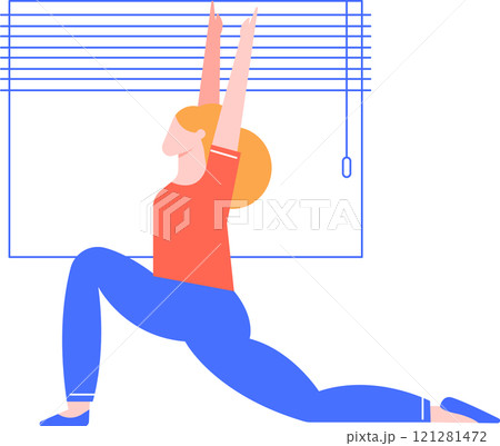 Young woman doing yoga exercise at home stretching body in warrior pose with arms raised up near window blinds, healthy lifestyle and wellness concept 121281472