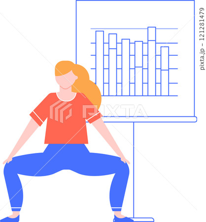 Office worker performing squats during break time, promoting workplace wellness and active lifestyle, enhancing productivity and focus in the office environment with graph on flip chart 121281479