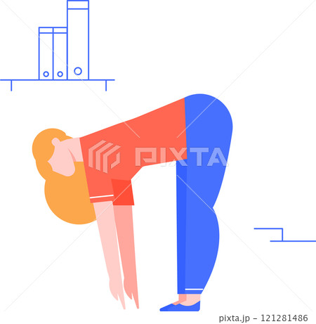 Young blonde woman in casual clothes bending down and touching floor with her hands, doing stretching exercise at workplace, promoting health and wellness in office environment 121281486