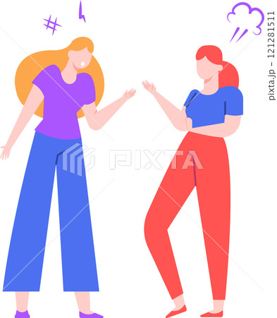 Two female colleagues having a heated discussion, gesturing with hands and expressing their disagreement, one of them is getting angry, conflict and confrontation concept 121281511