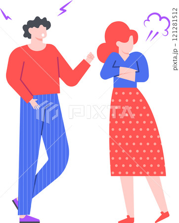 Couple arguing and getting mad at each other, man yelling at woman who is crossing her arms and fuming with rage, disagreement and conflict in relationship concept 121281512