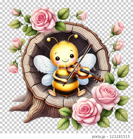 A cheerful bee playing violin among beautiful roses. Valentine cartoon character. A cheerful bee playing violin among beautiful roses. Valentine cartoon character. 121281513