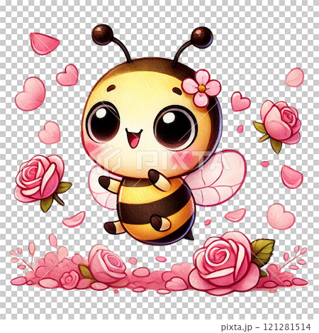 A cheerful bee surrounded by pink roses, evoking joy and nature. Valentine cartoon character. A cheerful bee surrounded by pink roses, evoking joy and nature. Valentine cartoon character. 121281514