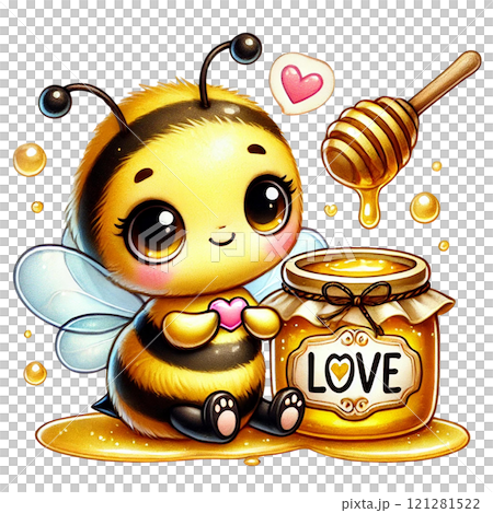 Cute bee character with honey jar and love symbolism in illustration. Valentine cartoon character. Cute bee character with honey jar and love symbolism in illustration. Valentine cartoon character. 121281522