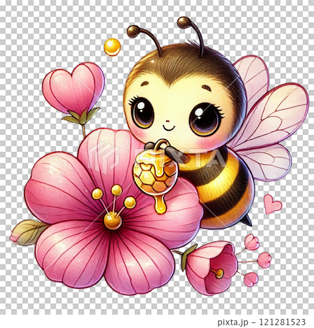Cute bee collecting nectar from beautiful pink flowers. Valentine cartoon character. Cute bee collecting nectar from beautiful pink flowers. Valentine cartoon character. 121281523
