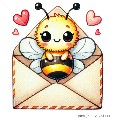Cute cartoon bee with an envelope and hearts, perfect for love themes. Valentine cartoon character. 121281544