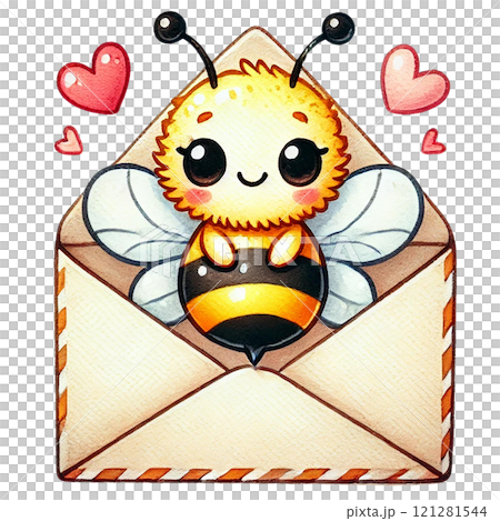 Cute cartoon bee with an envelope and hearts, perfect for love themes. Valentine cartoon character. 121281544
