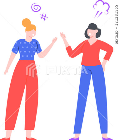 Two women arguing with raised hands, displaying anger and frustration through purple cartoon symbols, illustrating a conflict or disagreement 121281555