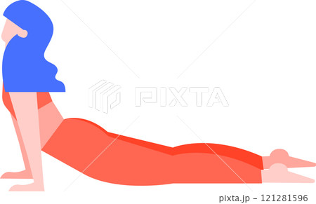 Young woman with blue hair wearing orange sportswear practicing upward facing dog yoga pose, also known as Urdhva Mukha Svanasana, on white background Young woman with blue hair wearing orange sportswear practicing upward facing dog yoga pose, also known as Urdhva Mukha Svanasana, on white background 121281596