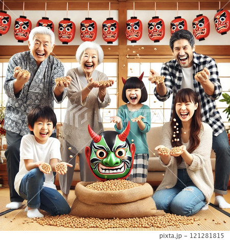 節分の豆まきをする家族 121281815