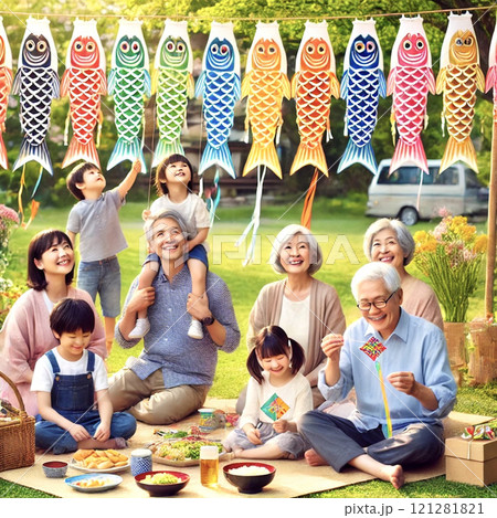 鯉のぼりを見ながらピクニックをする家族 121281821