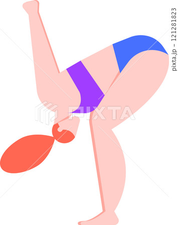 Minimalist vector illustration of a woman performing a yoga posture, emphasizing flexibility, balance, and mindfulness, promoting a healthy lifestyle through physical activity 121281823
