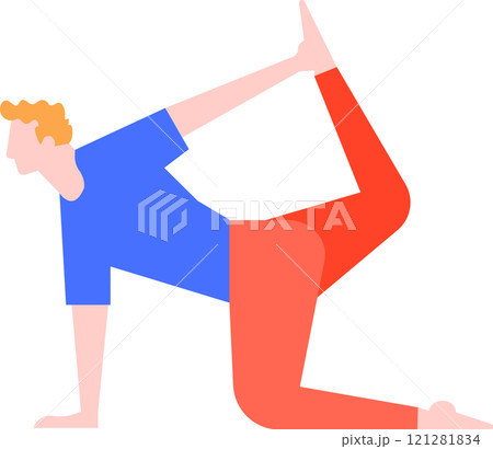 Young man practicing yoga, performing the One Legged King Pigeon Pose, a challenging backbend that opens the hips and chest, promoting flexibility and relaxation 121281834