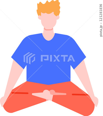 Young man practicing yoga and meditation, sitting in lotus position, wearing blue t shirt and red pants, promoting mindfulness and relaxation 121281836