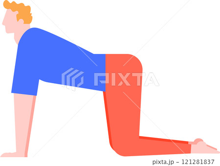 Young man practicing yoga, performing the cat pose stretching exercise, improving flexibility and balance, promoting physical and mental well being through mindful movement 121281837