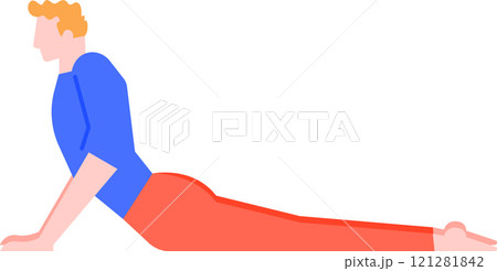 Young man with blond hair wearing a blue t shirt and orange pants practicing upward facing dog yoga pose on a white background, promoting healthy lifestyle and wellness 121281842