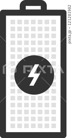 Battery icon illustrating charging status with a prominent lightning symbol, conveying themes of energy, power, and electricity in a modern, digital design Battery icon illustrating charging status with a prominent lightning symbol, conveying themes of energy, power, and electricity in a modern, digital design 121281982