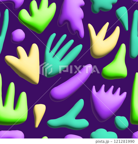Abstract 3D shapes in a seamless pattern, Contemporary and playful design with tropical palms 121281990