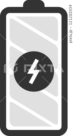 Minimalist vector illustration representing a battery charging, with a lightning symbol indicating the ongoing energy flow, perfect for projects related to power, electricity, and energy storage 121282034