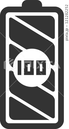 Full battery showing one hundred percent charge status with white indicator against dark gray background, suitable for energy and power concepts Full battery showing one hundred percent charge status with white indicator against dark gray background, suitable for energy and power concepts 121282252
