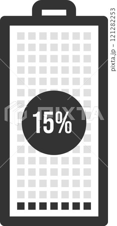 Minimalist battery icon displaying a 15 percent charge level, visualized with a grid and a percentage indicator, symbolizing low power and the need to recharge 121282253