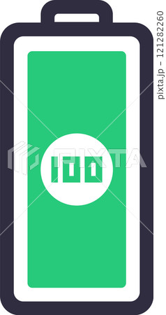 Fully charged battery icon indicating a complete one hundred percent charge level, representing power and energy concepts with a vibrant green and white design against a clean white background 121282260
