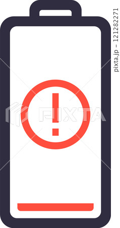 Red low battery warning sign appearing on an almost empty battery icon, indicating a critical power level and the need to recharge or replace the battery immediately to avoid device shutdown Red low battery warning sign appearing on an almost empty battery icon, indicating a critical power level and the need to recharge or replace the battery immediately to avoid device shutdown 121282271