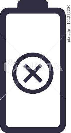 Simple battery icon with cross sign indicating low power, symbolizing the need for charging or replacement, ideal for user interfaces or energy related designs 121282280