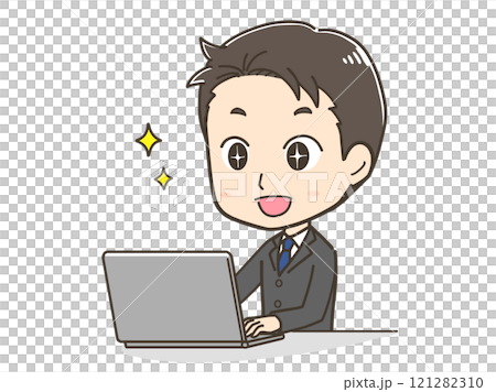 Illustration of a businessman who is happy while operating a computer 121282310