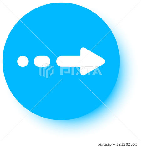 White arrow pointing right, accompanied by a dotted line, sits within a blue circle, symbolizing direction, progress, and movement toward future goals and achievements White arrow pointing right, accompanied by a dotted line, sits within a blue circle, symbolizing direction, progress, and movement toward future goals and achievements 121282353