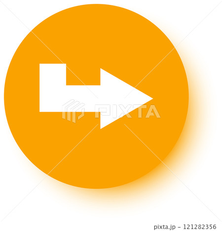 White arrow pointing right on an orange circle creates a simple, effective symbol of direction and navigation, enhanced by a subtle shadow for depth 121282356