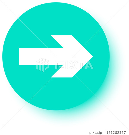 White arrow pointing to the right on a turquoise circle with soft, blurred edges, creating a simple yet effective visual representation of direction and movement 121282357