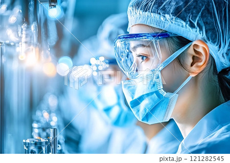 Employees overseeing advanced automation in a spotless industrial facility 121282545