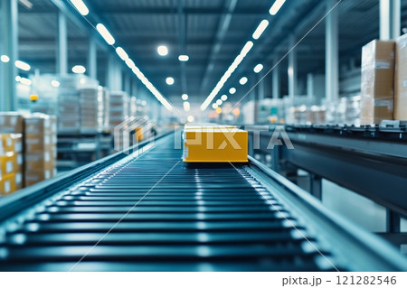 Rows of precisely packaged goods traveling down a conveyor belt in a state of the art facility 121282546