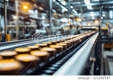 In a high-tech facility, a conveyor belt transports neatly packaged products 121282547