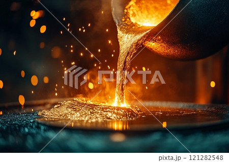 Molten metal cascading into molds in a steel foundry, capturing the intense heat and power of heavy 121282548