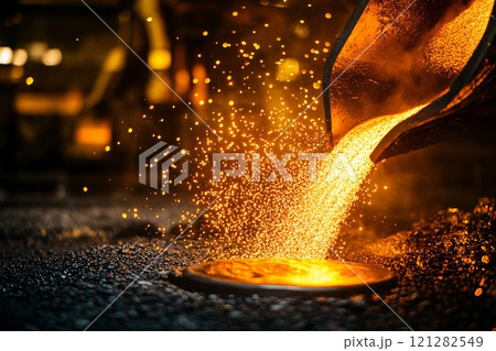 A stream of glowing molten metal filling molds in a steel plant, highlighting the precision  121282549