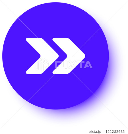 Double white arrows pointing right on a vibrant purple circle with a subtle shadow, symbolizing progress, direction, and forward movement in design and navigation contexts Double white arrows pointing right on a vibrant purple circle with a subtle shadow, symbolizing progress, direction, and forward movement in design and navigation contexts 121282683