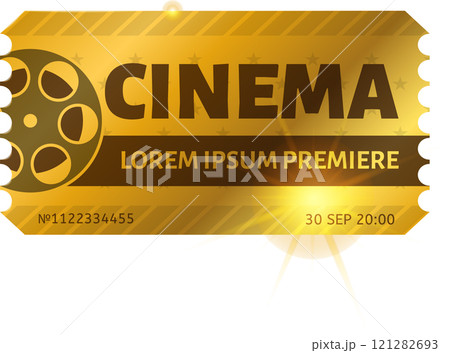 Golden cinema ticket for a movie premiere showing date, time, number and a film reel icon, representing entertainment and access to exclusive events Golden cinema ticket for a movie premiere showing date, time, number and a film reel icon, representing entertainment and access to exclusive events 121282693