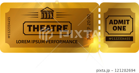 Golden ticket for a theater performance with admit one stub attached, scheduled for September 30th at 8 PM, featuring a classic theater facade icon and a placeholder name for the show 121282694