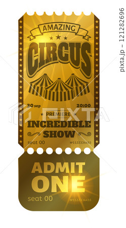 Golden ticket inviting guests to an amazing circus show premiere, happening on September 30th at 8 PM, promises an incredible evening filled with magic and entertainment 121282696