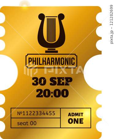 Golden ticket for a philharmonic concert featuring a lyre, scheduled for September 30th at 8 PM, seat number 00, inviting music enthusiasts to a classical music experience Golden ticket for a philharmonic concert featuring a lyre, scheduled for September 30th at 8 PM, seat number 00, inviting music enthusiasts to a classical music experience 121282699