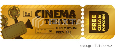 Cinema ticket inviting to a premiere with free cola and popcorn, featuring a vintage movie camera and information about date, time, seat number and offer 121282702