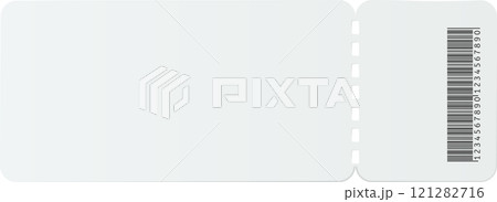 Blank white ticket featuring a barcode and a perforated right edge, waiting for use at an event or for transportation purposes, offering a clean and minimal design Blank white ticket featuring a barcode and a perforated right edge, waiting for use at an event or for transportation purposes, offering a clean and minimal design 121282716