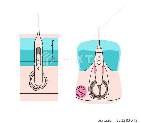 Oral hygiene care products. Dental cleaning tools vector illustration. Electrical oral irrigator. Brushing teeth equipment for caries prevention Oral hygiene care products. Dental cleaning tools vector illustration. Electrical oral irrigator. Brushing teeth equipment for caries prevention 121283045