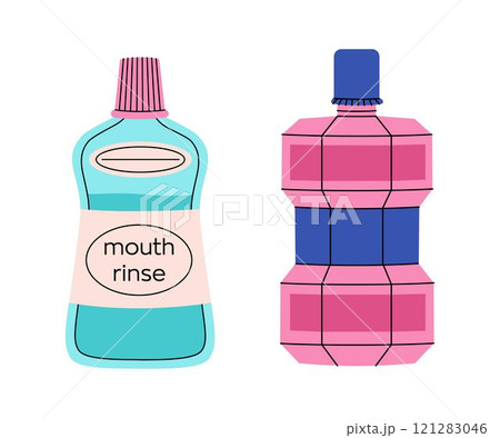 Set of oral hygiene products. Bottles of mouthwash. Teeth cleaning products. Mouth rinse. Colorful vector collection Set of oral hygiene products. Bottles of mouthwash. Teeth cleaning products. Mouth rinse. Colorful vector collection 121283046