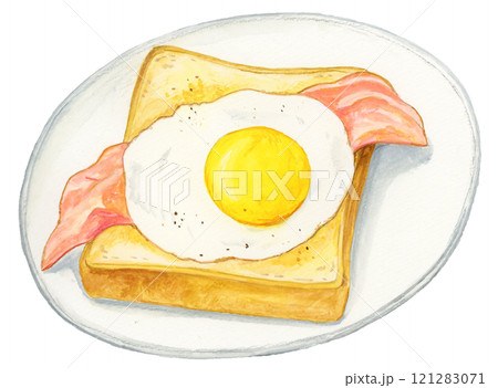 手描き水彩の美味しそうな皿にのったベーコンエッグトーストのイラスト 121283071